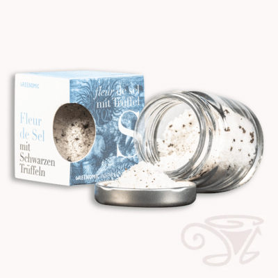 greenomic fleur de sel mit trüffel meersalz mit schwarzem trüffel im schraubglas 25g