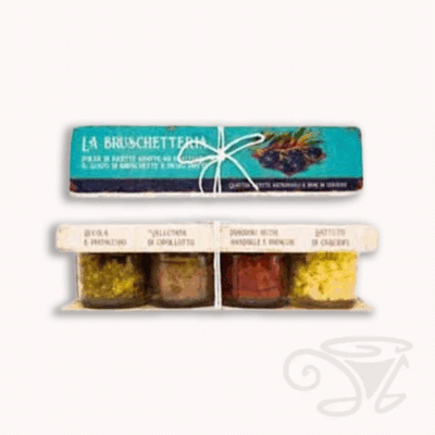 greenomic la bruschetteria aufstrich 4 sorten geschenk set, artischocken creme/zwiebelaufstrich/tomatenaufstrich mit manden und pistazien/zucchini creme, 4 x 35g