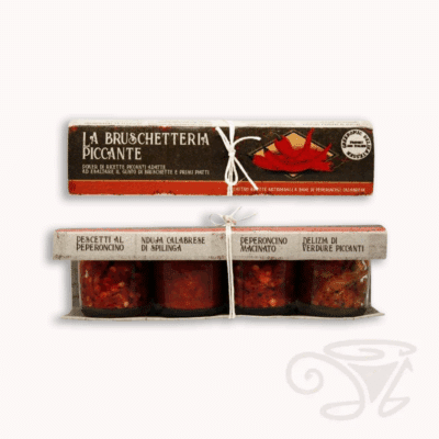 greenomic la bruschetteria piccante aufstrich 4 sorten geschenk set, scharfer gemüseaufstrich/chiliaufstrich/schweinefleisch aufstrich/fischaufstrich, 4 x 35g