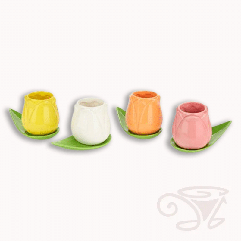 espressotassen set tulip 4 tassen á 100ml aus keramik tulpenförmige tassen (gelb/weiß/orange/rosa) mit untertellern in blattform