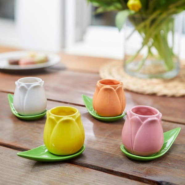 espressotassen set tulip 4 tassen á 100ml aus keramik tulpenförmige tassen (gelb/weiß/orange/rosa) mit untertellern in blattform