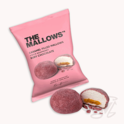 the mallows marshmallow mit karamellfüllung umhüllt von ruby schokolade und himbeere 16g