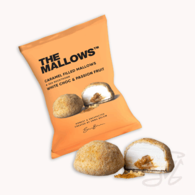 the mallows marshmallow mit karamellfüllung umhüllt von weißer schokolade mit sanddorn und passionsfrucht 16g